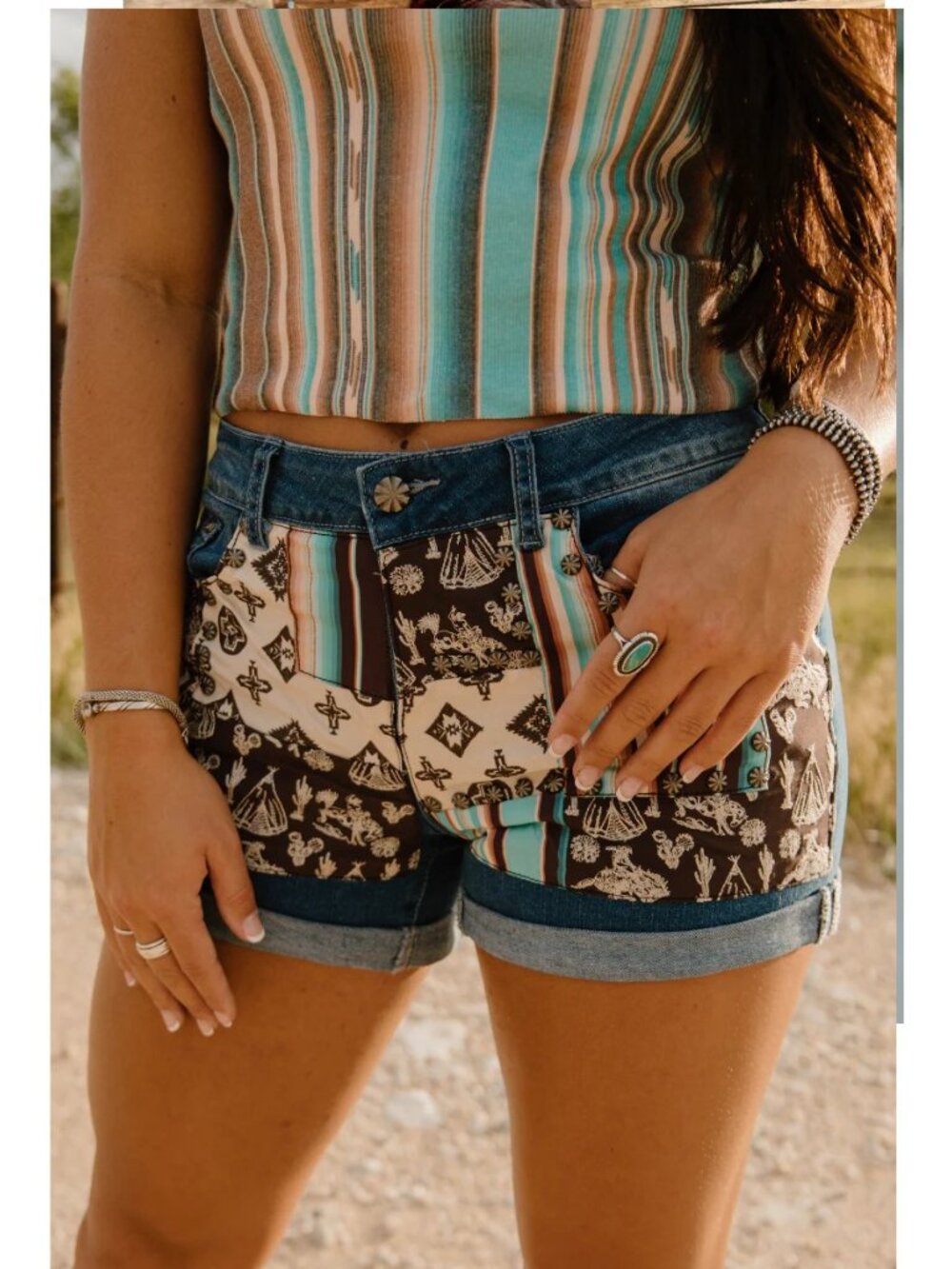 NEW Patched Up Denim Shorts-In Turquoise Western Print